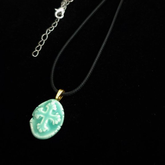 Handmade Ceramic Aqua Green Fleur De Lis Cross Pendant Necklace - Picture 4 of 14